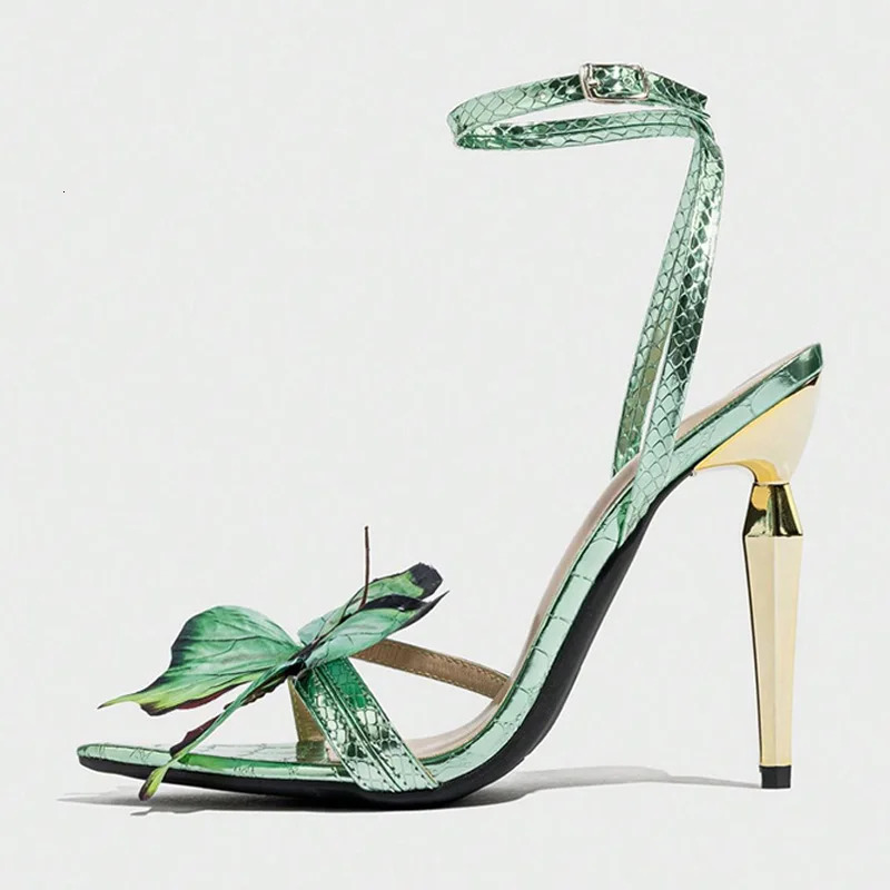 Liyke Fashion Chic Metal Strange High Heels Sandals Women Green Butterfly Pointed Open Toe Party Prom Shoes Size 35-43 250624