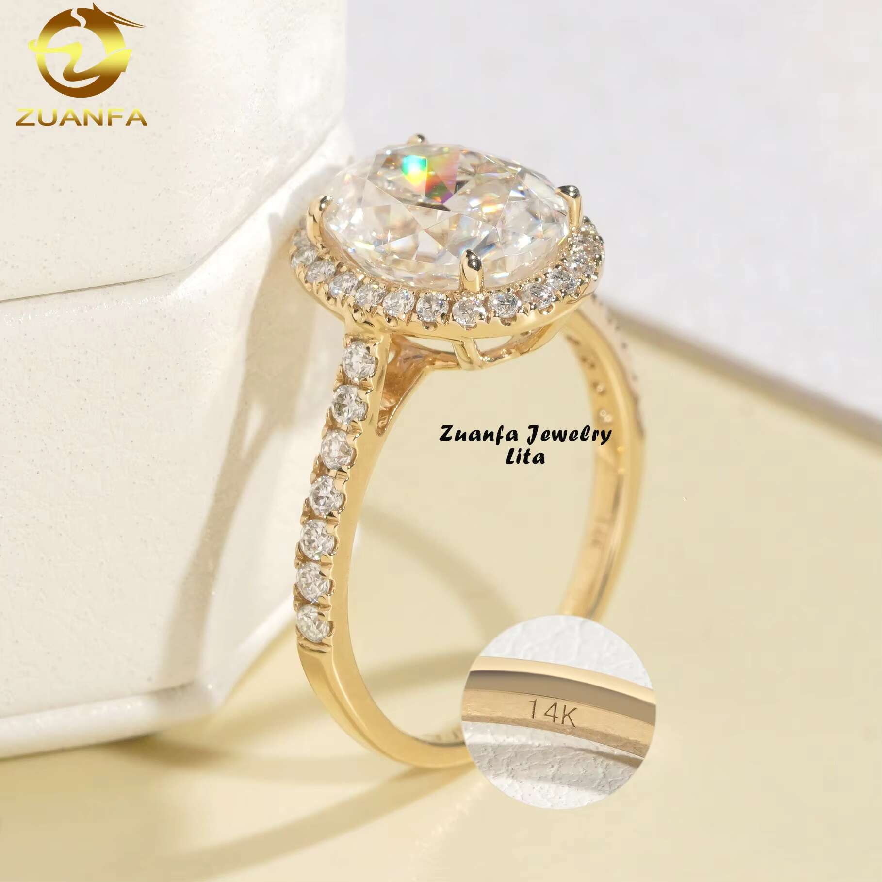 Pass Diamond Tester High End Luxury Halo 14k Yellow Gold 3ct Oval Moissanite Engagement Ring