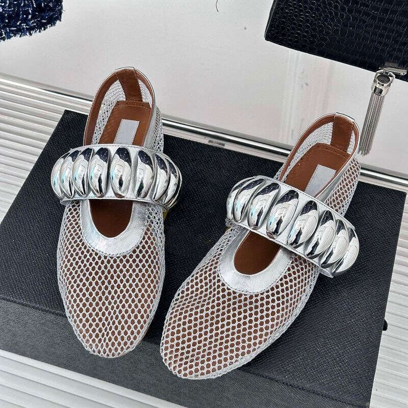 Metal Buckle Mesh Mary Jane for Women 2024 Summer New Fashionable Flat Comfortable Ballet Dance Shoes
