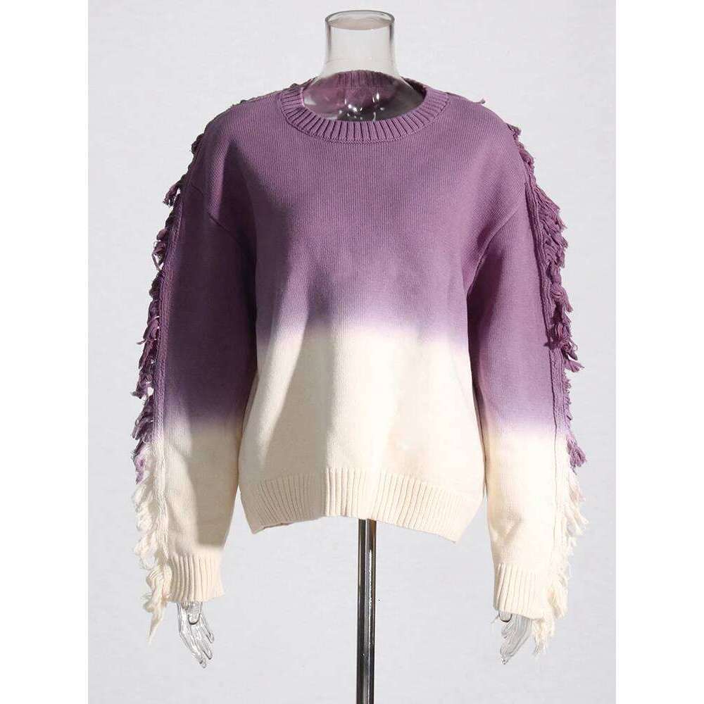 TWOTWINSTYLE Ombre Casual Sweaters For Women O Neck Long Sleeve Patchwork Tassel Temperament Loose Sweater Female Fashion Style