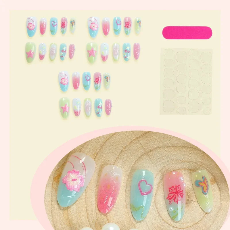30Pcs Almond False Nails Tips Summer Beach Colorful Nails Sets with Pearl Flower Press on Nails Art Wearable Fake Nail 250625