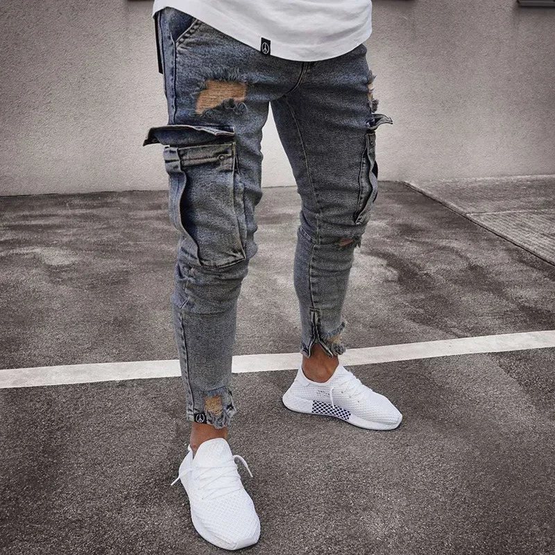 Stretch Mens Jeans Fashion Knee Ripped Zipper Skinny Trousers Denim Pants High Waist Side Pockets 250625