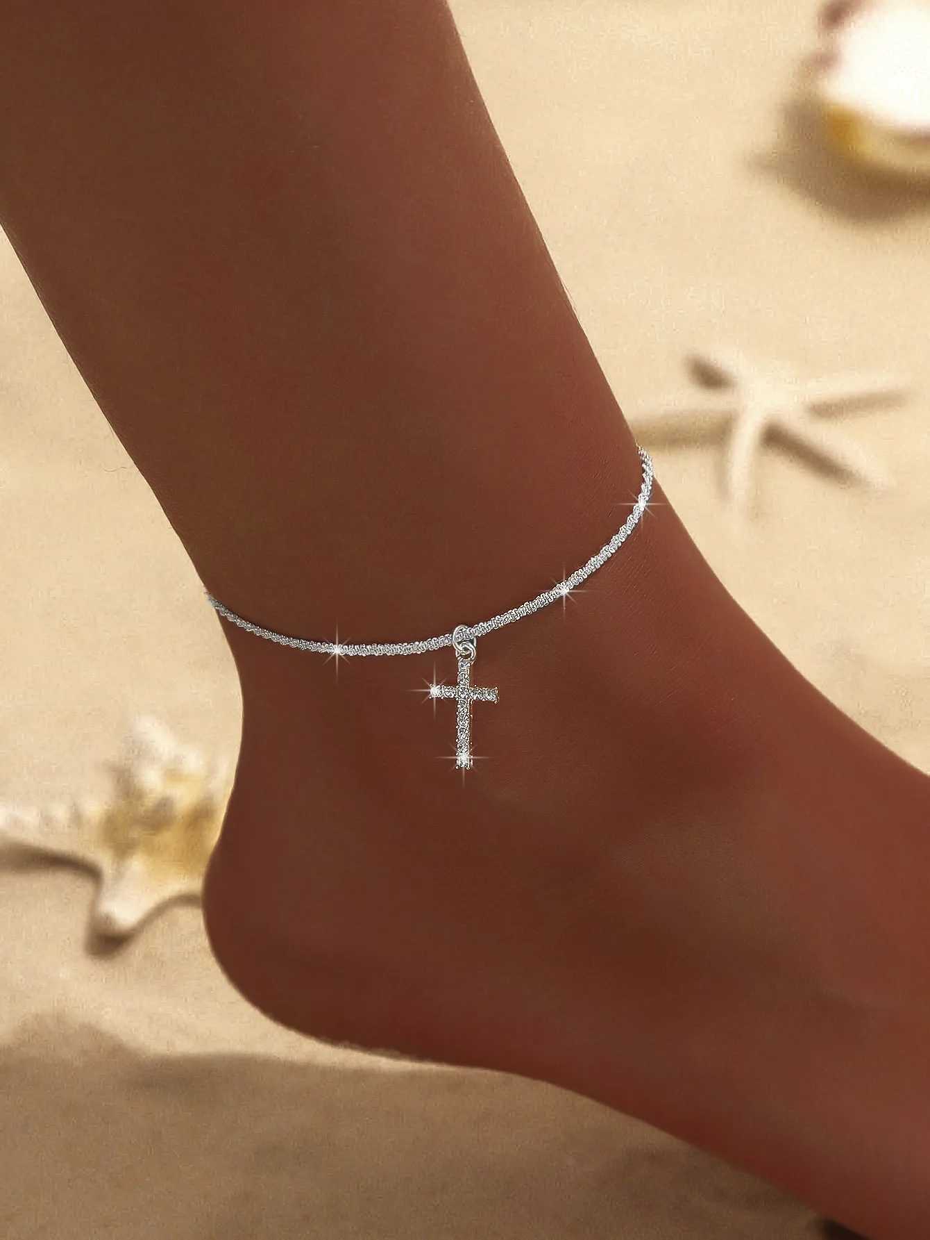 Summer Shiny Sparkling Simple Silver Color Anklet Zircon Cross Love Pearl Double Layer Bracelet On Leg Foot Trendy Beach Jewelry U250624