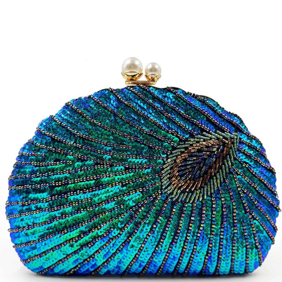 Glitter Vintage Sequins Decor Clutch Wallet Classic Peacock Feather Pattern Evening Bag Womens Shiny Satchel Bag For Party M250625