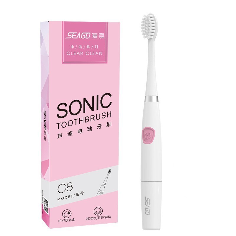 Seago Sonic electric toothbrush has 5 modes for cleaning teeth with 8 replaceable brush heads and a 2-minute timer. It comes with a portable case 2410
