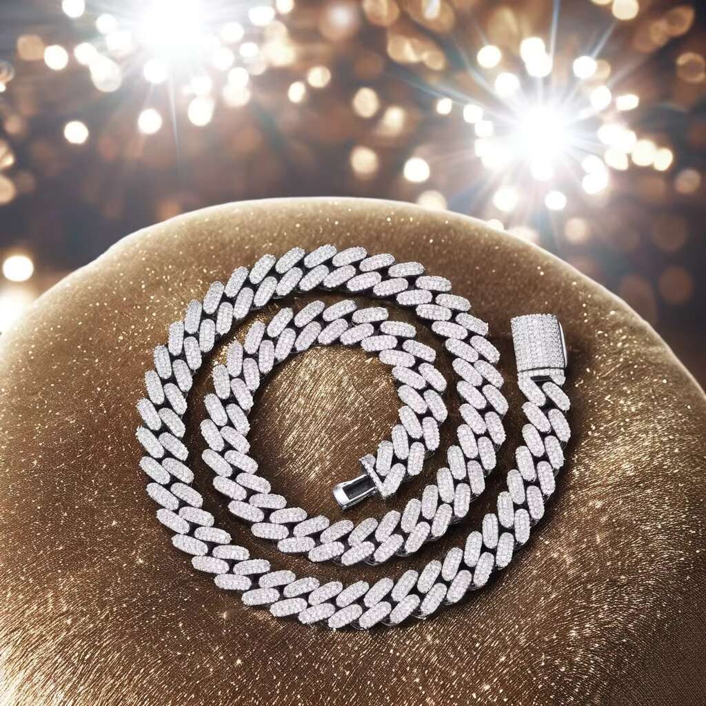 Moissanite Jewelry 925 Sterling Silver 10k/14k/18K Gold Plating Necklace Moissanite 2 Rows Prong Iced Out VVS Cuban Link Chain