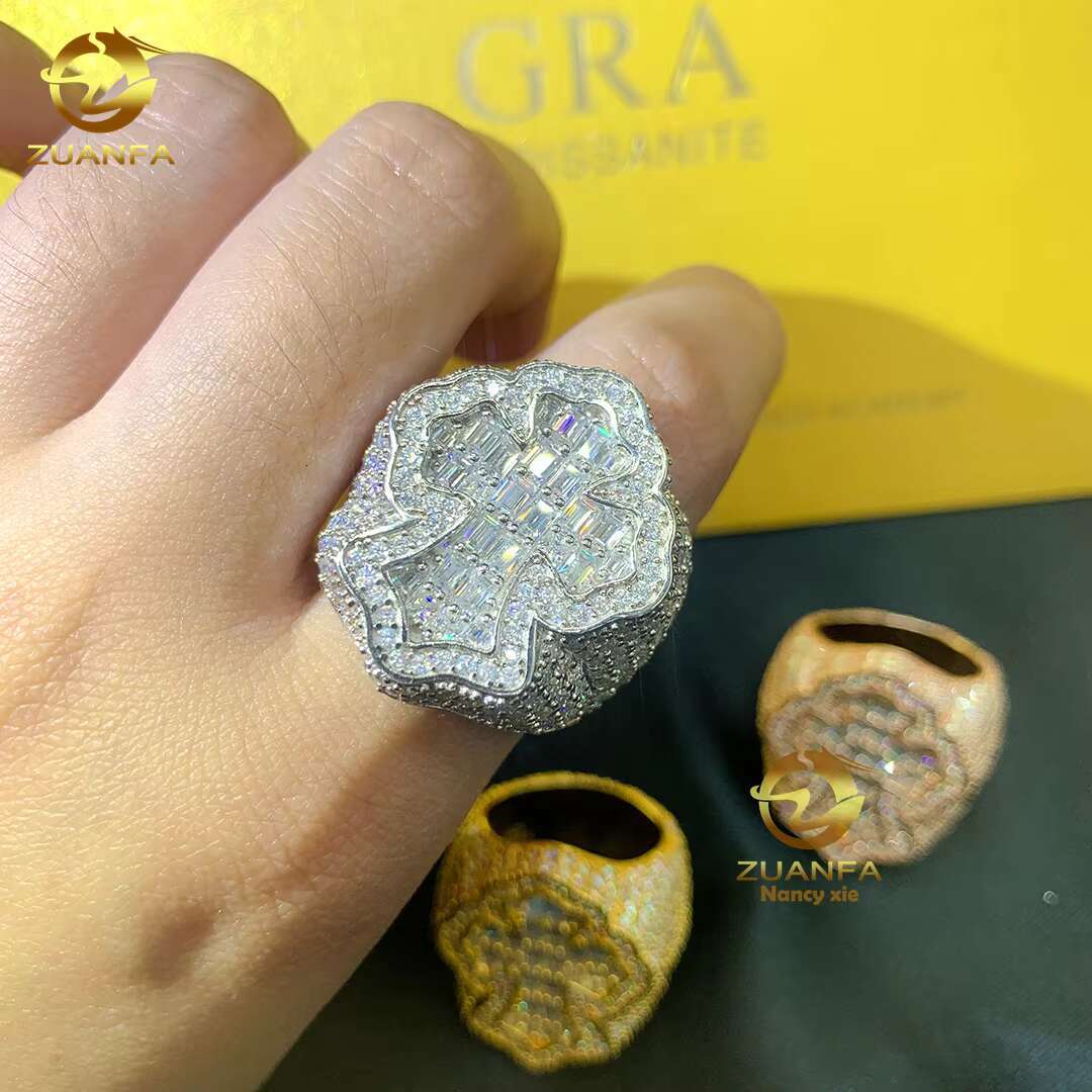 Fashion Cross Style Mans 925 Sterling Silver Ice Out Moissanite Diamond Hip Hop Rapper Jewelry Cuban Ring