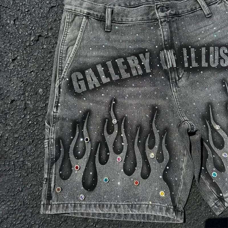 Y2K Vintage Flame Pattern Rhinestone Decoration High Waist Denim Shorts Haruku Hip Hop Men NEW fashion Streetwear