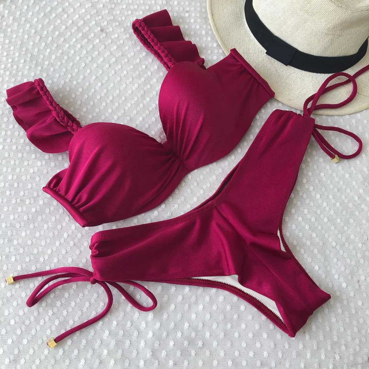 2024 New Push Up Sexy Bikini Set High Waist Swimsuit Women Swimwear Mujer Lace Ruffle Bandage Bathing Suit 2 Piece Set Swimming XJ250624