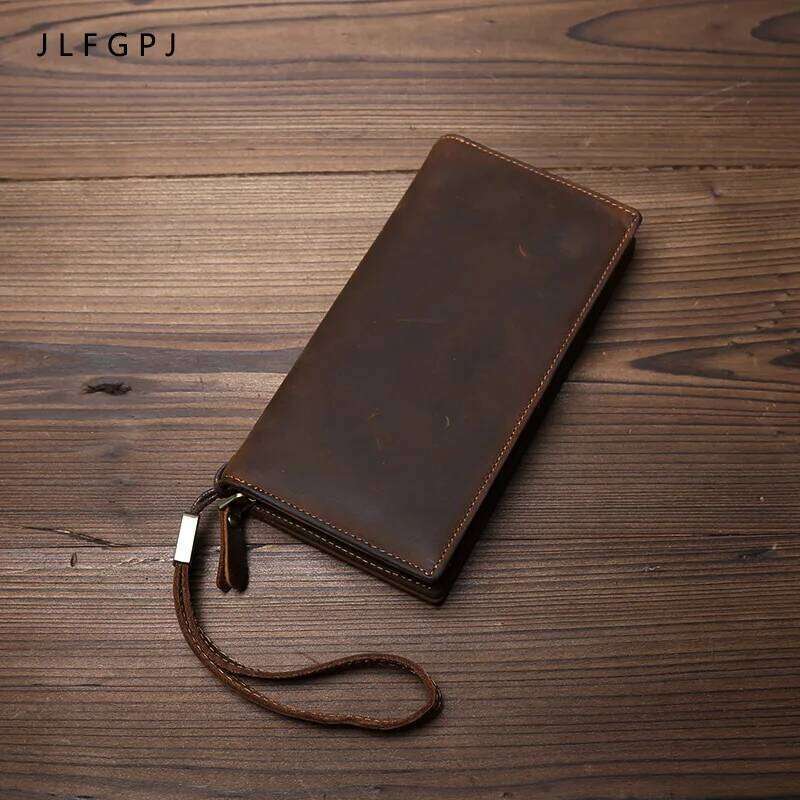 JLFGPJ Vintage Crazy Horse Men's Long Mobile Wallet First Layer Multi-card Genuine Leather Clutch Bag