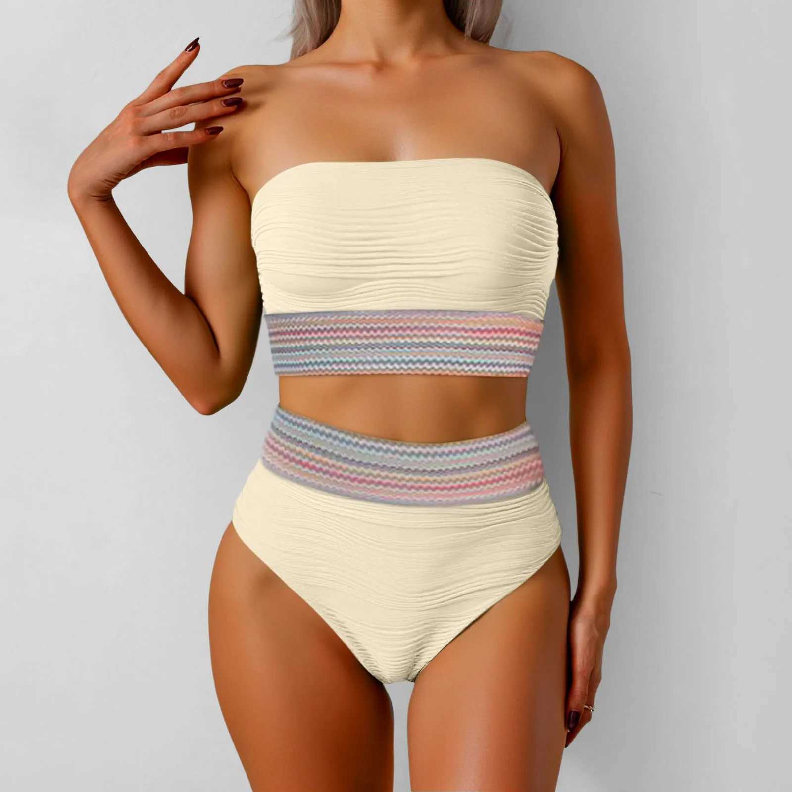 Strapless Women Two Piece Swimwear Tankinis Set Patchwork Ribbed Bandeau Bikini Swimsuits Detachable Strap Women Bathing Suit XJ250624
