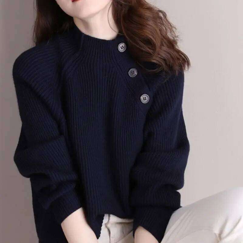 Brown Ladies Pullovers Buttons Loose Turtleneck Women's Knit Sweater Light Elegant Wear To Work Winter 2024 Japanese Style Trend