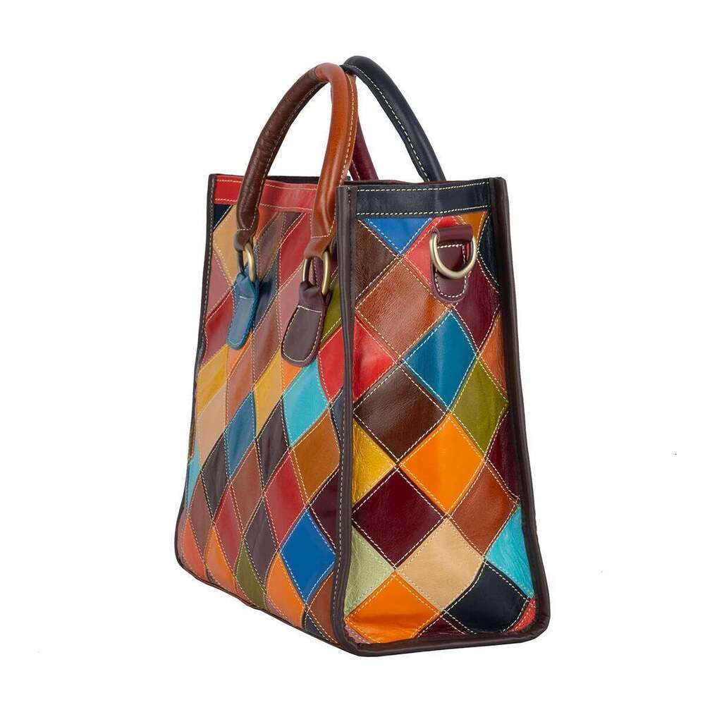 Genuine Oil Wax Leather Cowhide Plaid Splicing Color Random Contrasting Casual Personality Handbag Tote Women's Bag