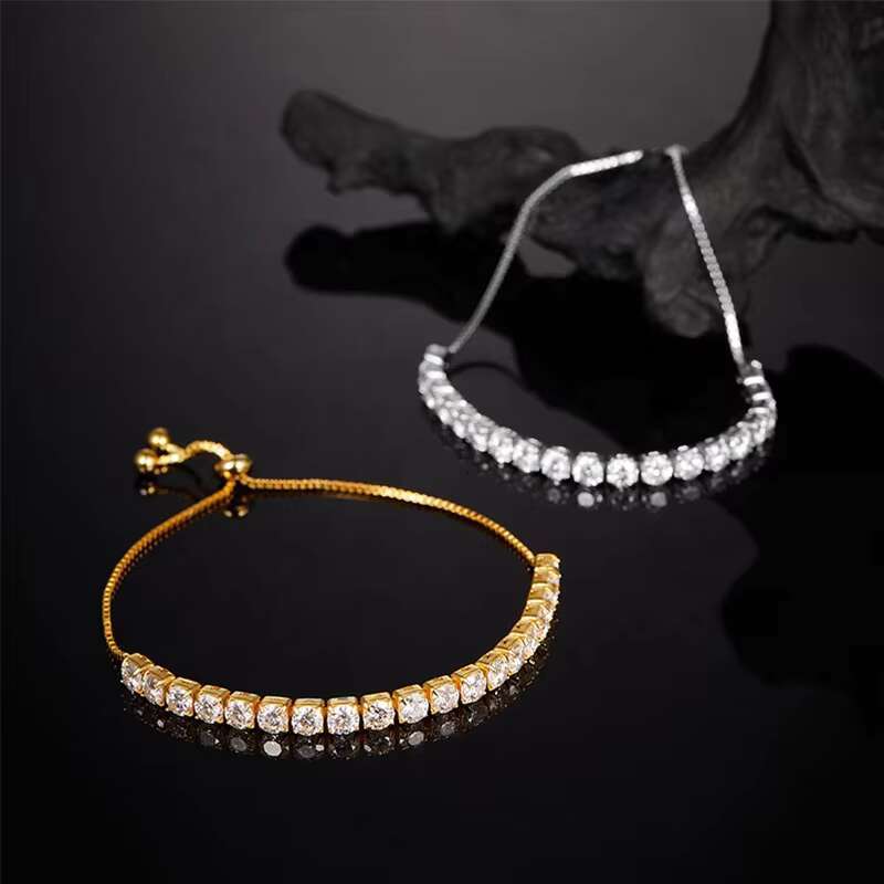Adjustable 925 Silver Inlaid Moissanite Tennis Bracelet 3-4-5-6.5mm Trendy Gold Plated Bangle