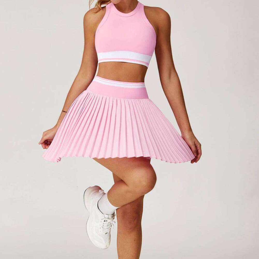 2 Piece Pockets Golf Leggings Set Women Tennis Dress with Shorts Underneath Badminton Pleated Skirt