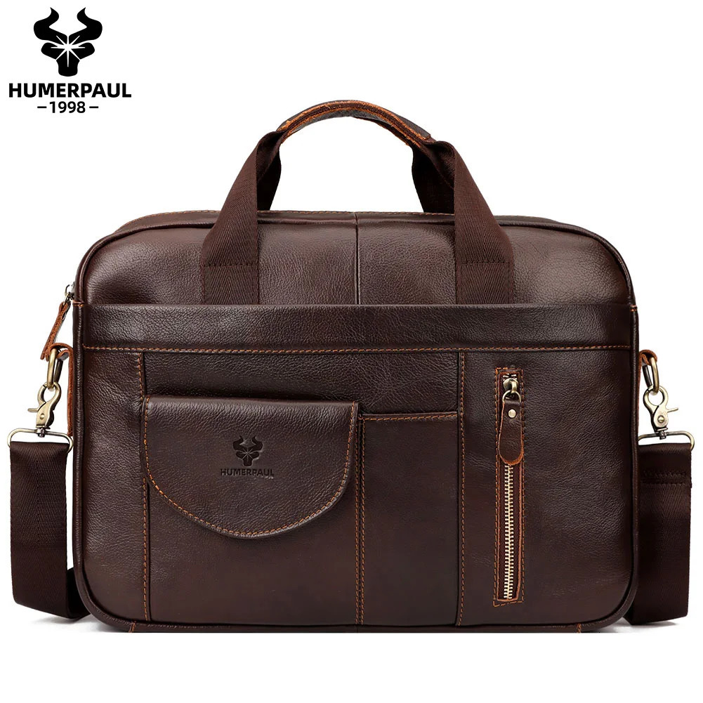 HUMERPAUL Mens Briefcase Bag Top Layer Leather Handcrafted Laptop Bag with Multiple Compartments Business Shoulder Messenger 250624