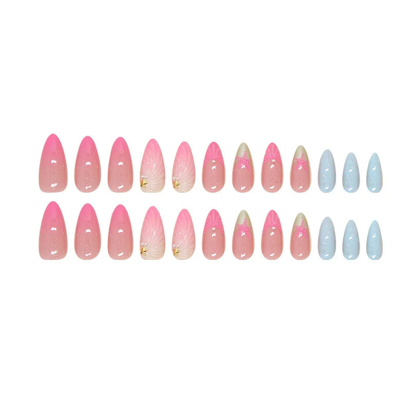 24pcs Hand-painted False Nails Summer Sea 3D Shell Starfish Fake Nail Tips Ins Gradient Pink Blue Color Almond Press On Nails 250625