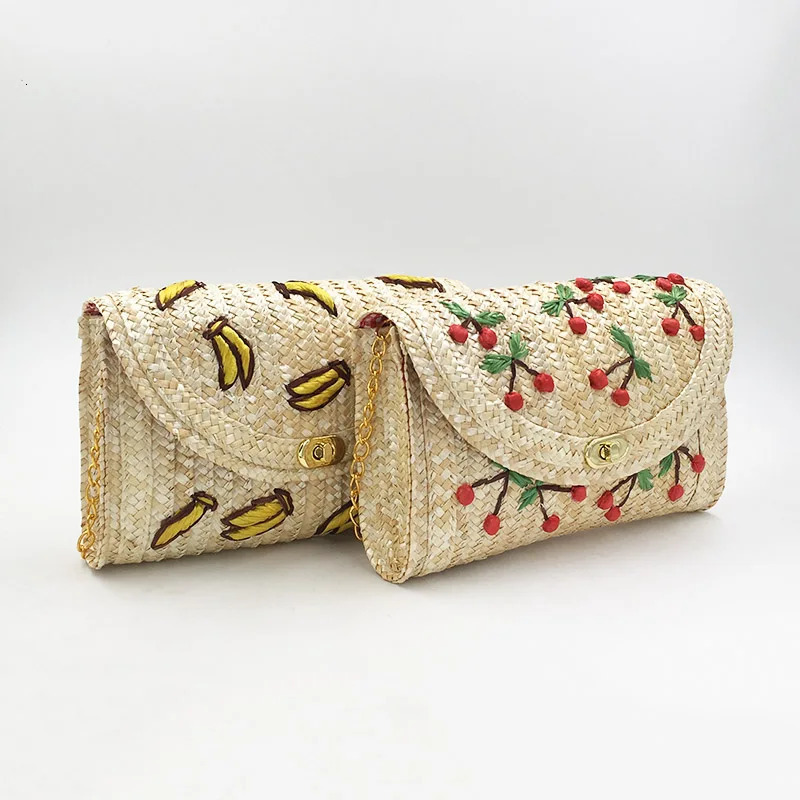 Wheat Straw Woven Women Shoulder Bag Bohemian Summer Beach Bags Cherry Banana Female Messenger Clutch Chain Flap Crossbody Bag 250624