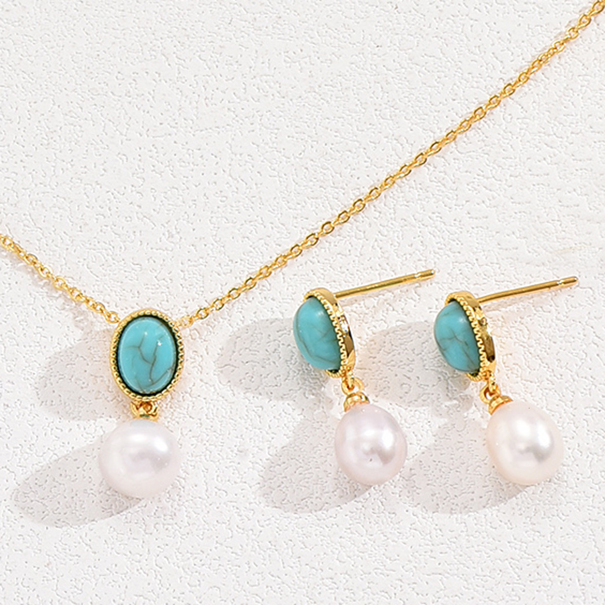 Minimalist Artistic Style Necklace Set Inlaid Pearl Stud Earrings Ring Jewelry