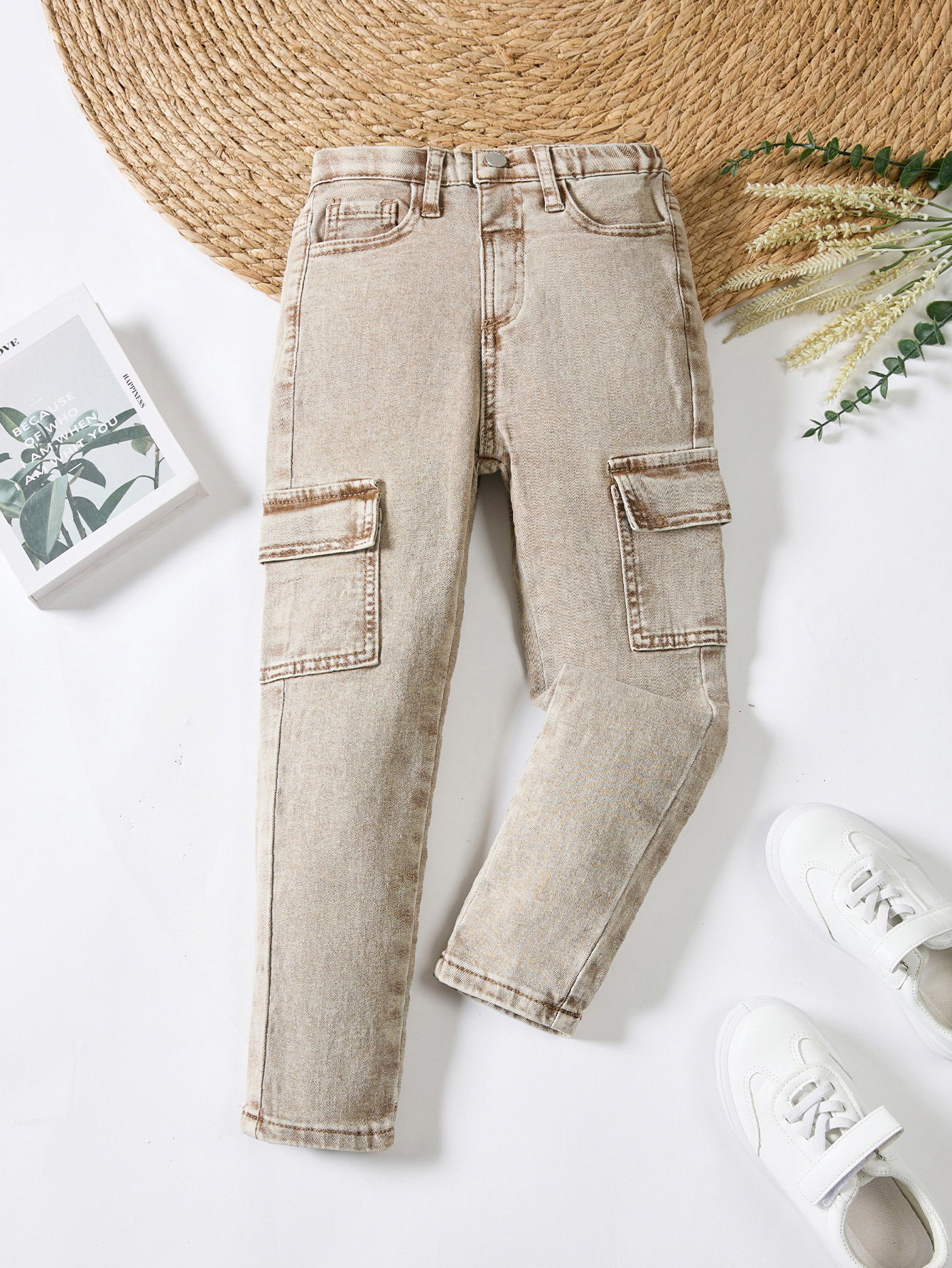 Trendy Light Beige Kids' Denim Long Trousers with Workwear Style