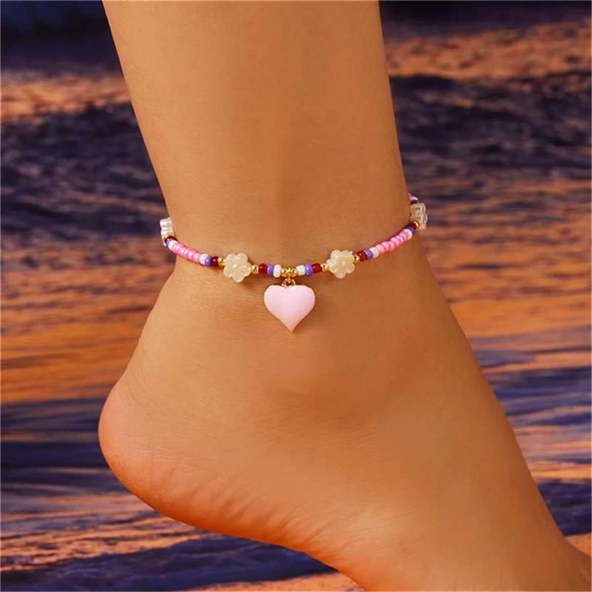 Boho Colorful Enamel Heart Flower Anklets For Women Charm Small Resin Beads Ankle Bracelet Summer Beach Barefoot Chain Jewelry U250624