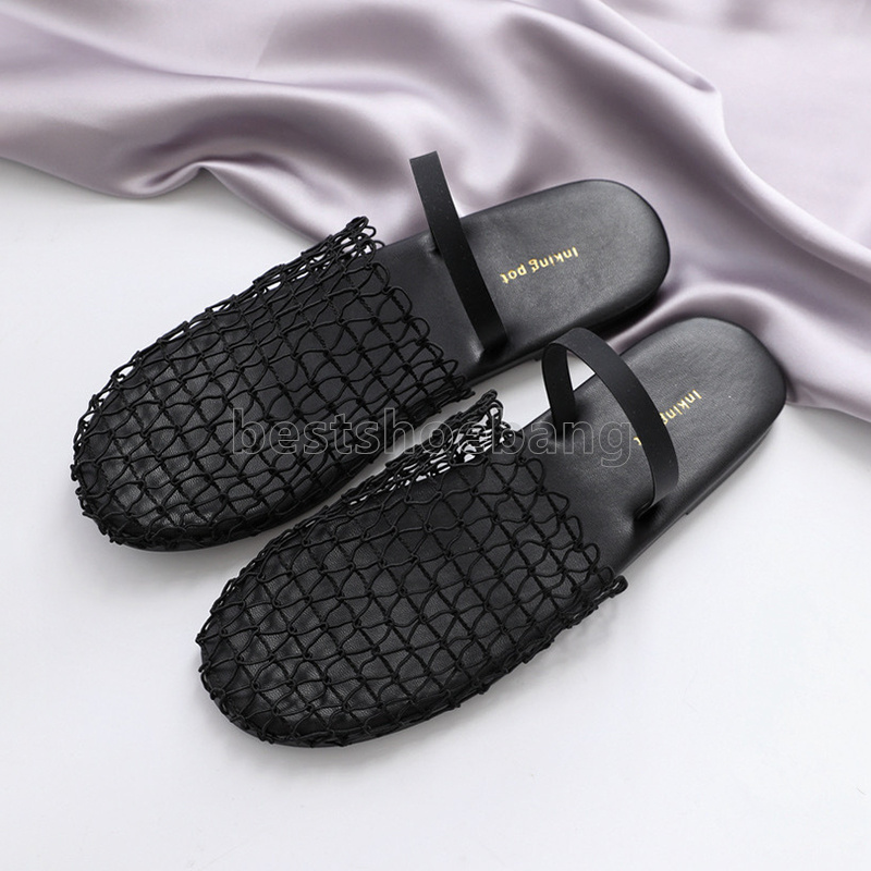 designer sandals flats heels weave mesh womens sandal hollow out slides mules non-slip slippers fashion summer sandale elegant fishnet shoes