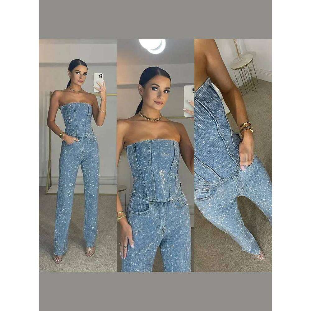 Dia Vest Jeans Set For Women Sleveless Tube Tops High Waist Pocket Denim Pants Suit Female 2025 Spring Summer Lady Bodysuit