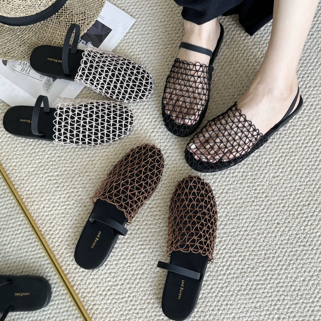 womens designer sandals flats heels fishnet mesh sandal summer crochet net women shoes sandale elegant hollow out ladies slippers size 36-40