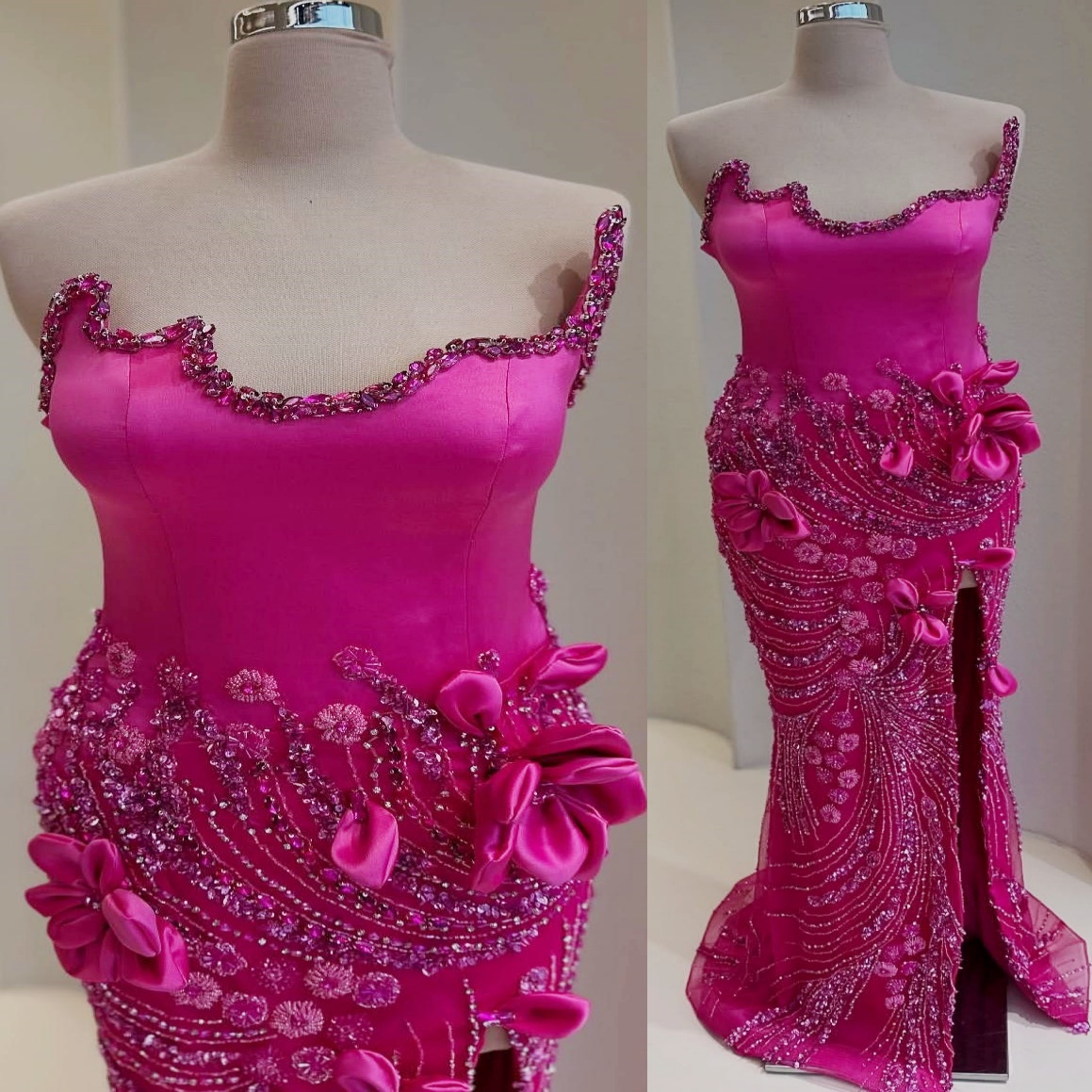 Fuchsia Mermaid Prom Dresses 2025 Sequined Flowers Crystals High Split Evening Formal Party Second Birthday Engagement Gowns Plus Size Dress For Speci