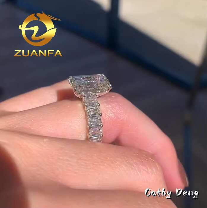 Zuanfa 18k White Gold Plated Iced Out 3Ct Emerald Diamond Moissanite Eternity Band Engagement Ring 925 Sterling Silver Diamond