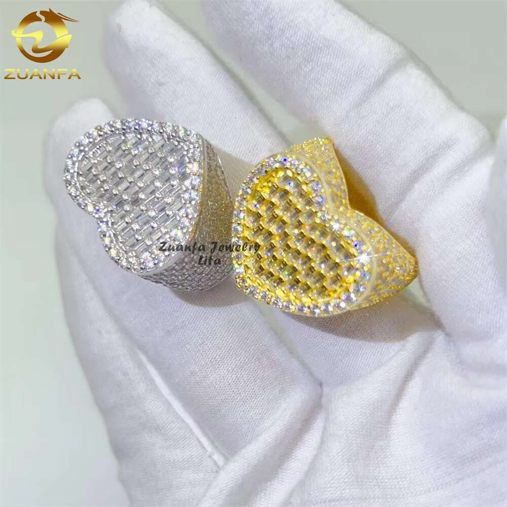 High Quality Iced Out Hip Hop baguette Heart Rings 925 Silver Gold Men Moissanite Diamond Ring