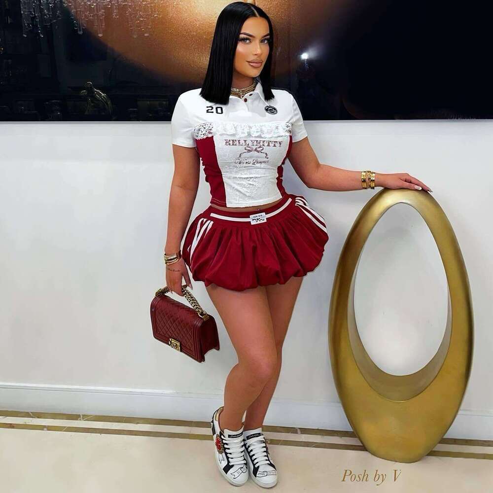 Summer Lace Trim Letter Print Button-Up Top Waist-Length Puffy Mini Skirt Set For Women B5