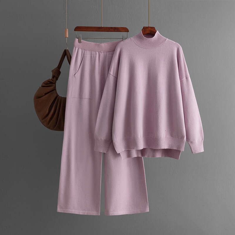 Solid Color Knitted Half Turtleneck Slit for Women 2024 Autumn Winter Fashion Casual Sweater Two-Piece Set