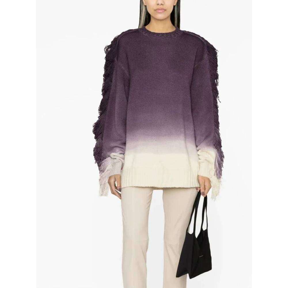 TWOTWINSTYLE Ombre Casual Sweaters For Women O Neck Long Sleeve Patchwork Tassel Temperament Loose Sweater Female Fashion Style