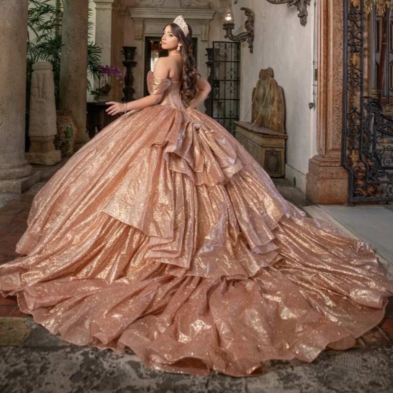 Champagne Gold Glitter Quinceanera Dresses Ball Gown Shiny Beaded Bow Tiered Sweet 16 Dress Vestido De 15 Anos