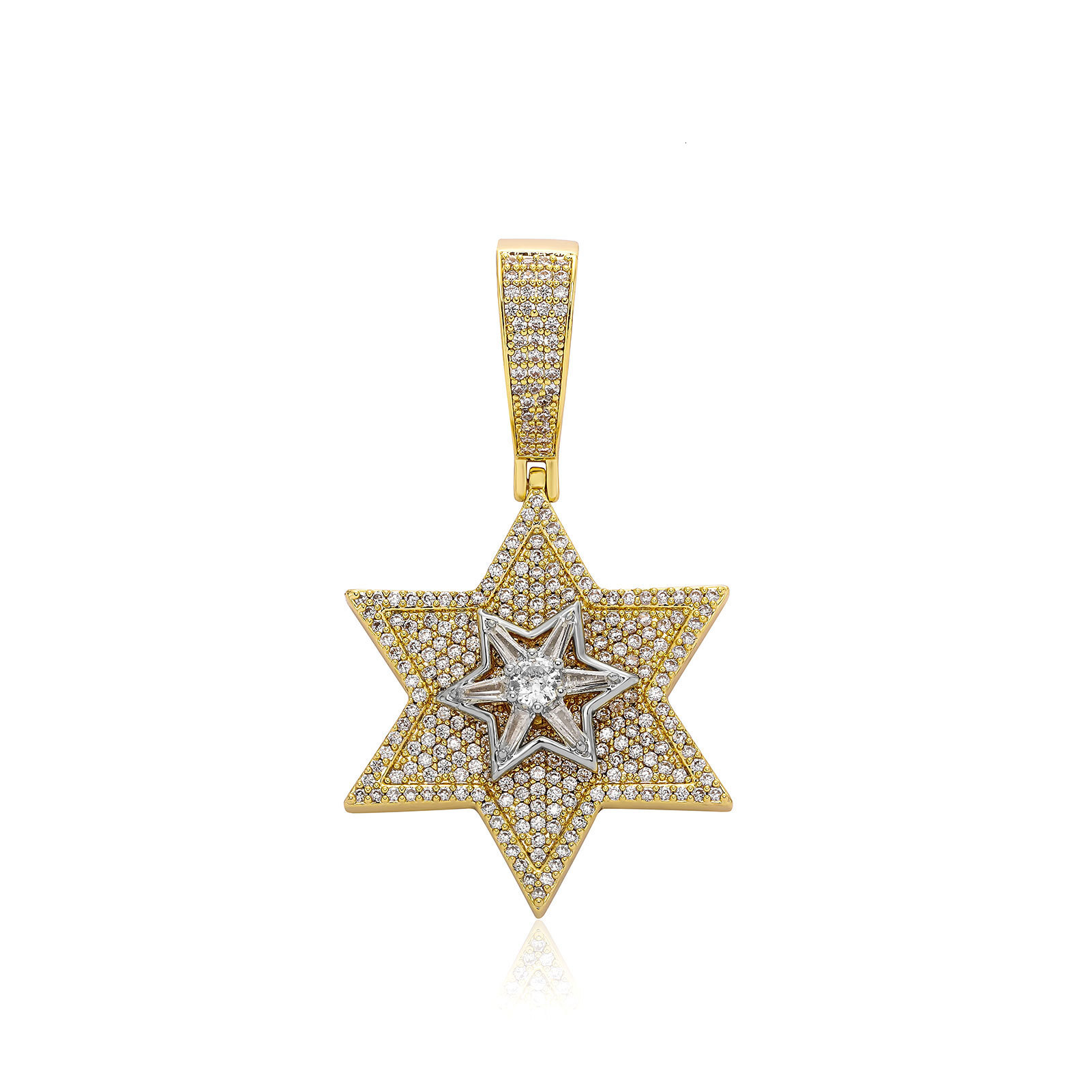 New In 14k Gold Hip Hop Diamond Rotating Hexagonal Star Pendant Necklace Full Bling Cubic Zirconia Trendy Streetwear Jewelry Gifts For Men And Women C