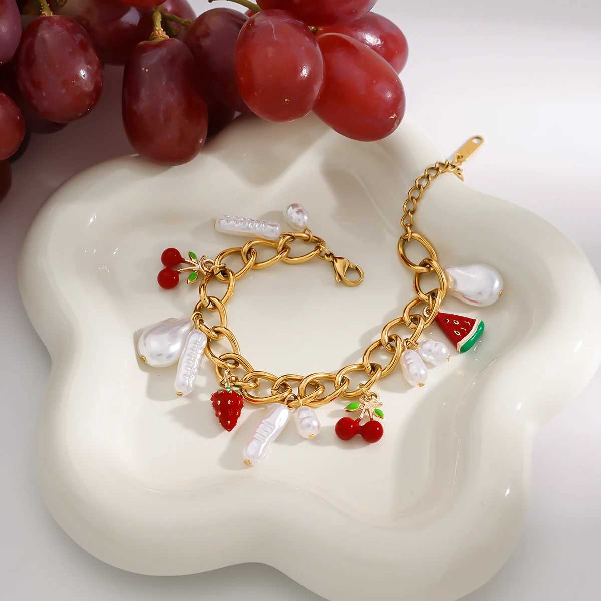 Uworld 18K Gold Color Plated Stainless Steel Shaped Acrylic Pearl and Fruit Pendant Bracelet Stackable Watermelon Bracelet X250625