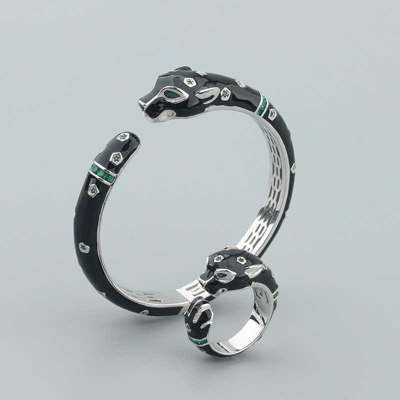 Leopard Bracelet Ring Set Personality Unisex Copper Gold-Plated Open Bracelet Cute Cheetah Enamel Resin Bracelet 250615