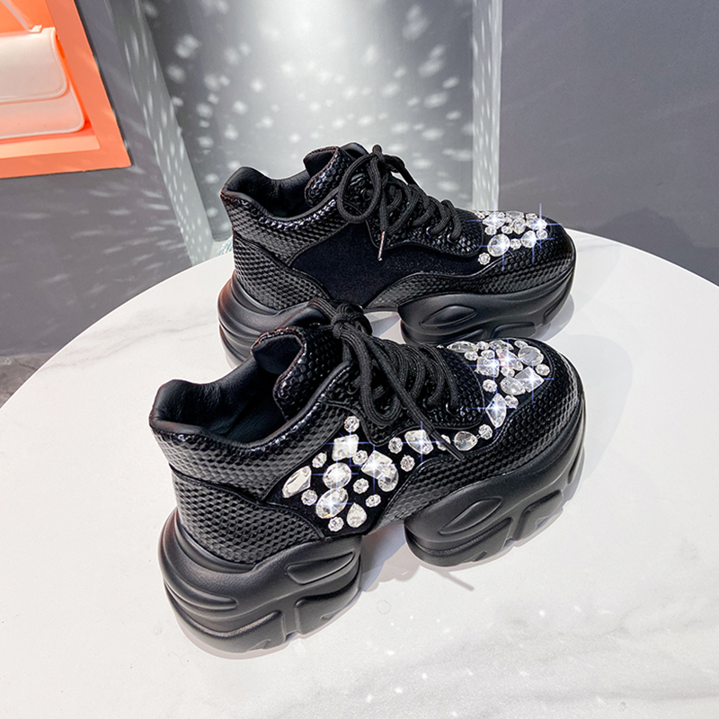 Women's Fashion Casual Vulcanized Shoes Pure White Platform 7.5cm High Heels Light Sports Shoes Diamond Inlaid Luxury Design Height Increase Shoe