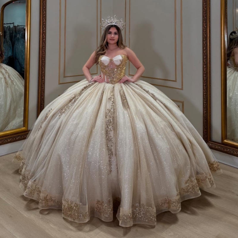Champagne Shiny Quinceanera Dresses Ball Gown Off The Shoulder Applique Lace Beading Crystal Tull Corset Sweet 16 Dress Vestidos 15 Anos