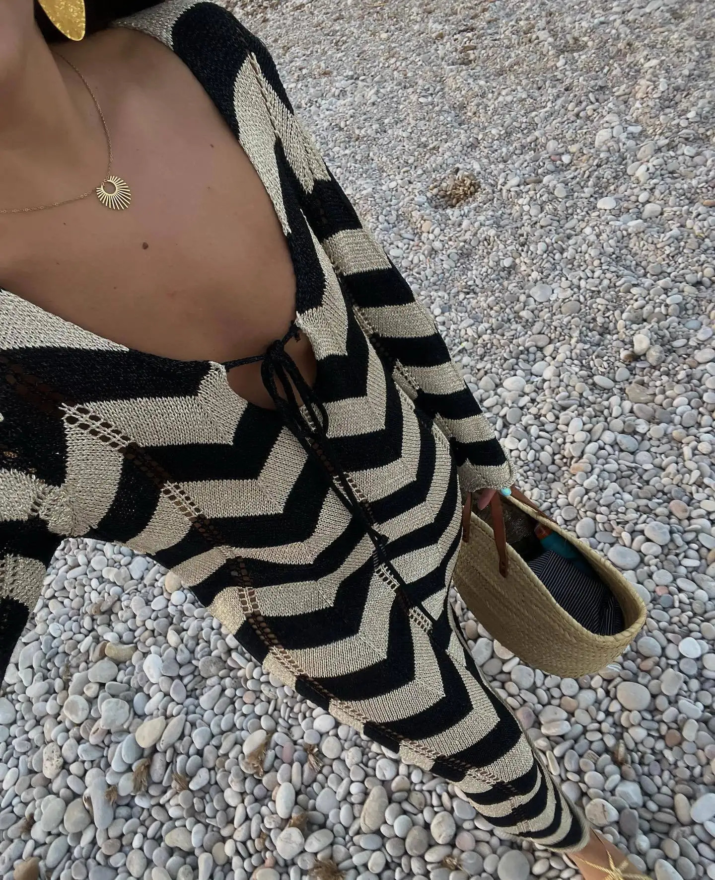 DRC Womens Stripled Long Sleeve Slim Elegant Knitted Maxi Dress V Neck Autumn Lace Up Hollow Sexy Beach Cover 250616