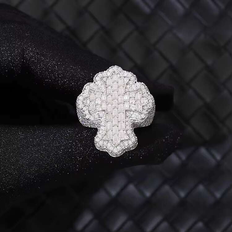 Full Ice Out Moissanite Ring 925 Sterling Silver Gold Plated Baguette Moissanite Cross Ring Hip Hop Men Women Cuban Ring