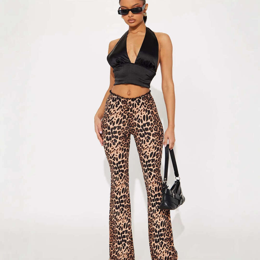New Women's Casual Leopard Print Lace Trim Patchwork Mid-Waist Slim Fit Hip-Lifting Pants B5