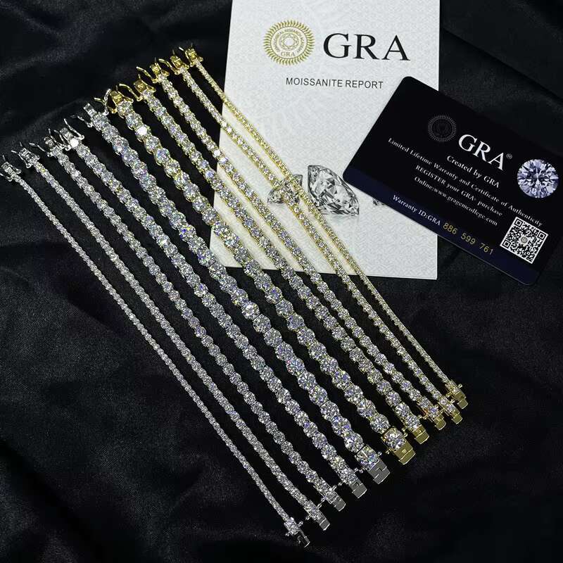 Hiphop S925 Sterling Silver Ice Out 4mm 5mm Round Moissanite Diamond Bling Tennis Chain Gold Plated Bracelet for Men and Women