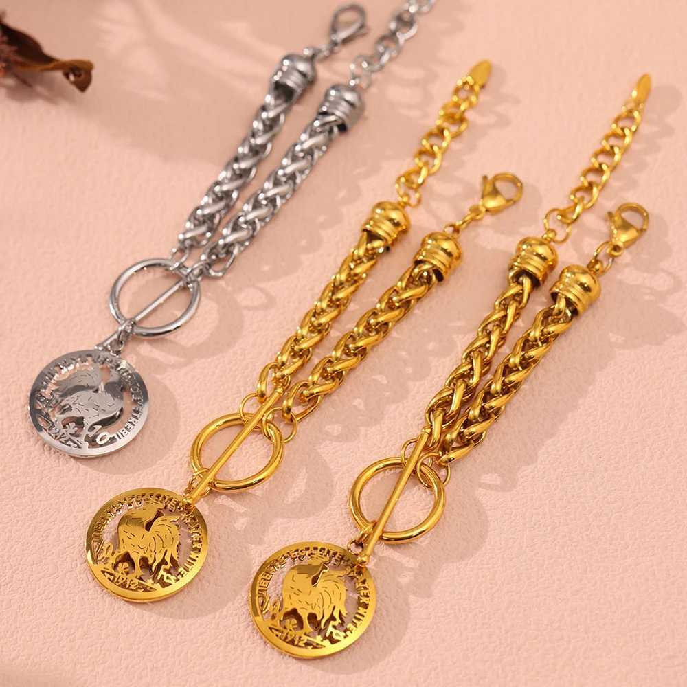 Fashion 316 Stainless Steel Thick Chain Gold Color Bangle Wens Fashion Round Chicken Pendant Bracelet Ladies Luxury Jewelry X250625