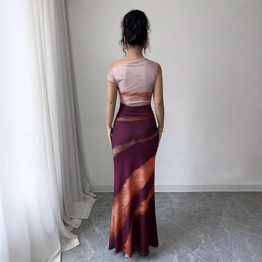 Summer New Hot Color-Block Elegant Slim Fit Asymmetric Sleeveless Split Dress B5