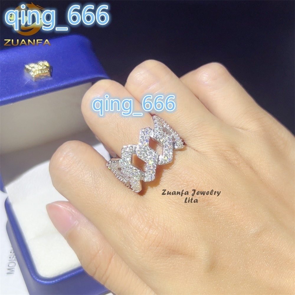 High Quality Fine Jewelry Fashion Hip Hop 2 Rows Cuban Diamond 925 Sterling Silver Moissanite Rings