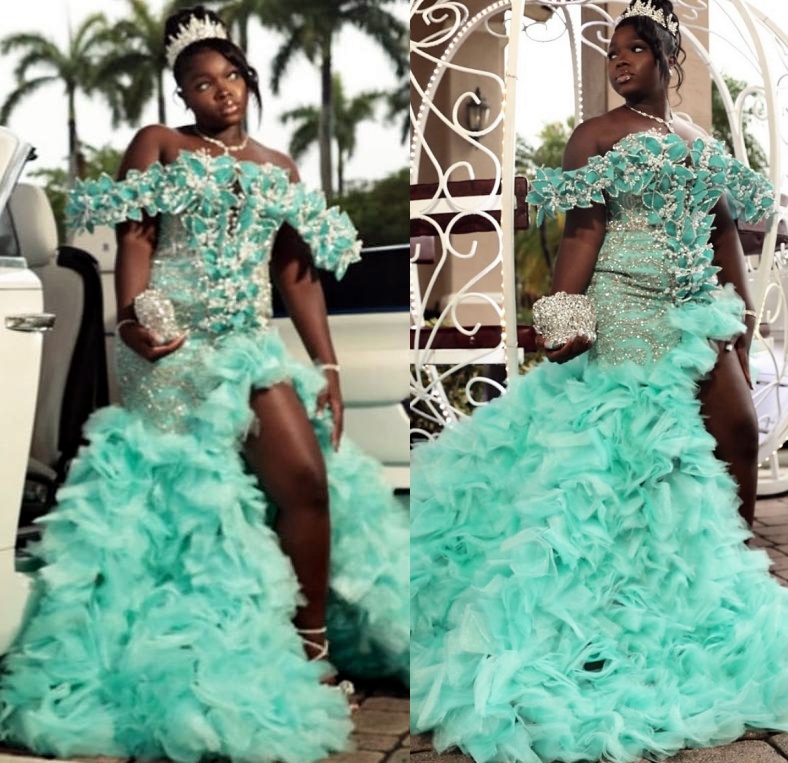 Mint Mermaid Prom Dresses 2025 Pearls Florals Tiers Tulle Off Shoulder Evening Formal Party Second Birthday Engagement Gowns Plus Size Dress For Speci