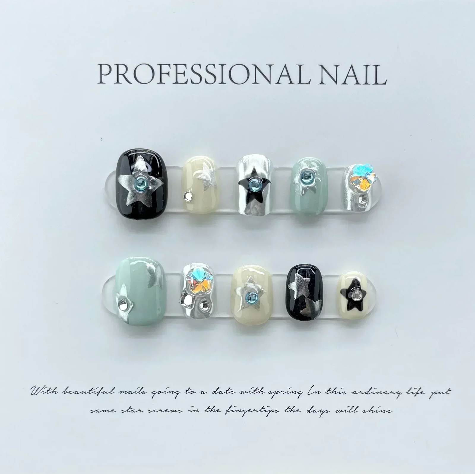 10Pcs Handmade Gothic Short Press on Nails Rhinestone Round Manicure Decoration Wearable Full Cover with Acrylic Nail Tip 250625