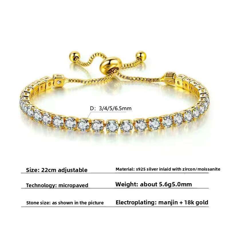 Adjustable 925 Silver Inlaid Moissanite Tennis Bracelet 3-4-5-6.5mm Trendy Gold Plated Bangle